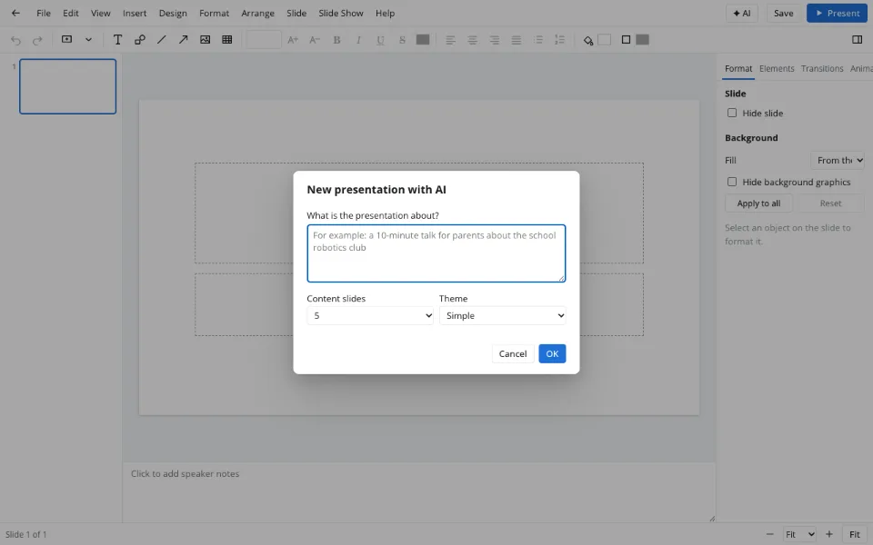 Presentation maker online with AI — the New with AI dialog