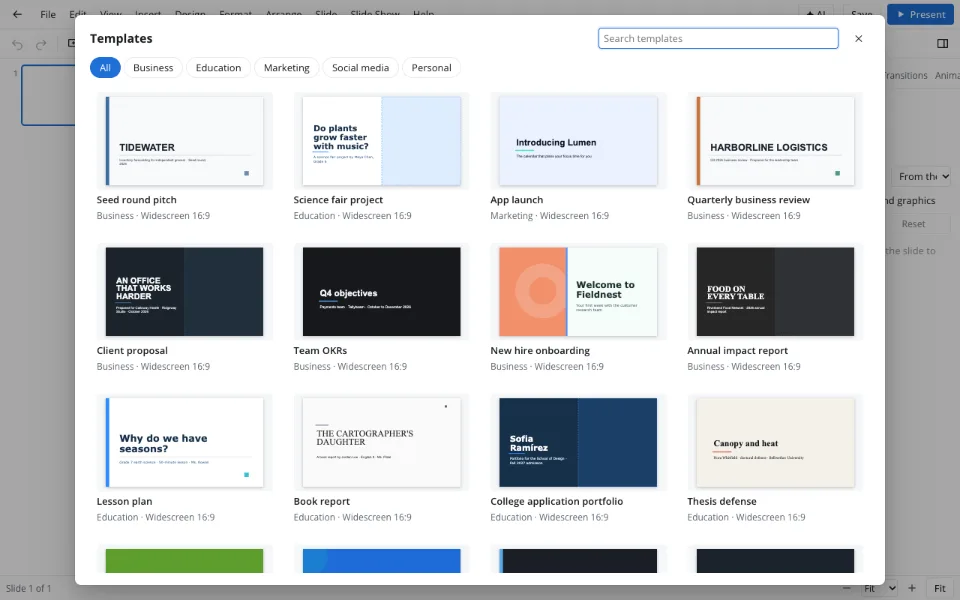 Presentation maker — the Template library with categories