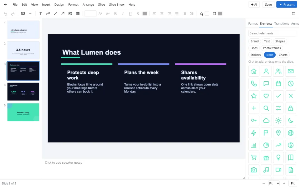 Building a slide from the Elements tab
