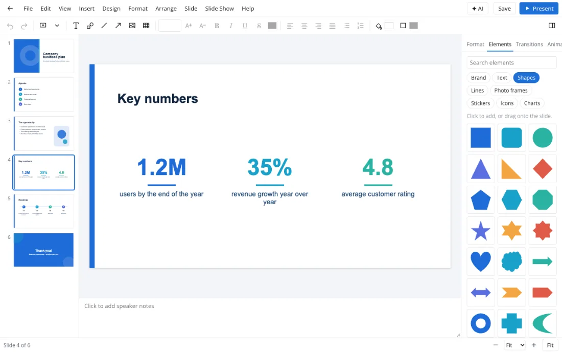 Presentation maker — a chart slide with the Elements panel open
