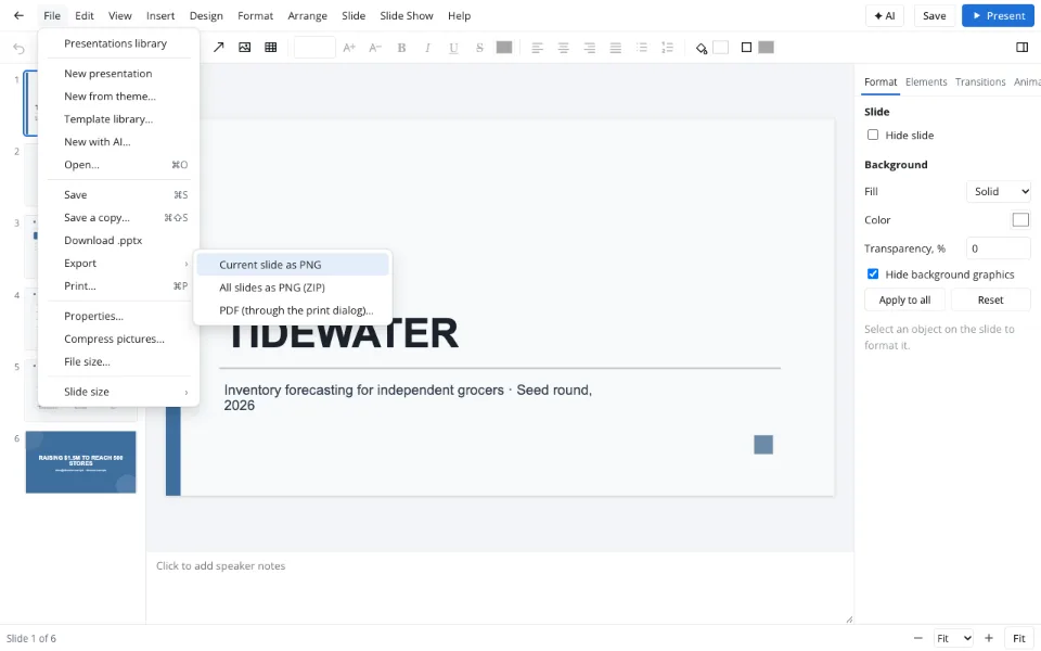 The Export menu with .pdf and image options