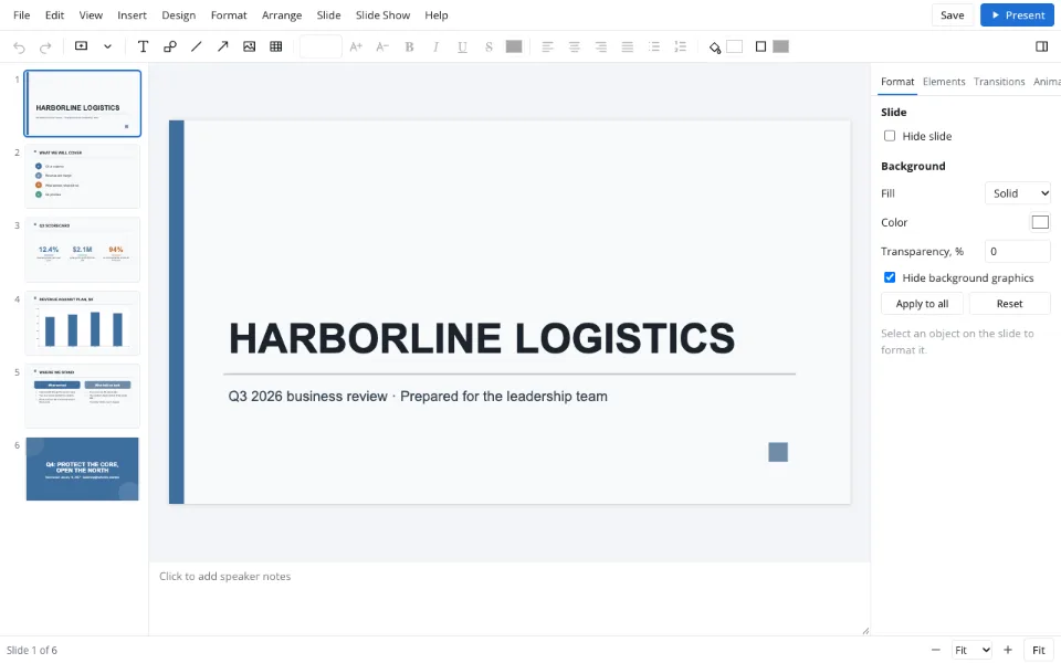 A deck open in the browser with thumbnails and notes