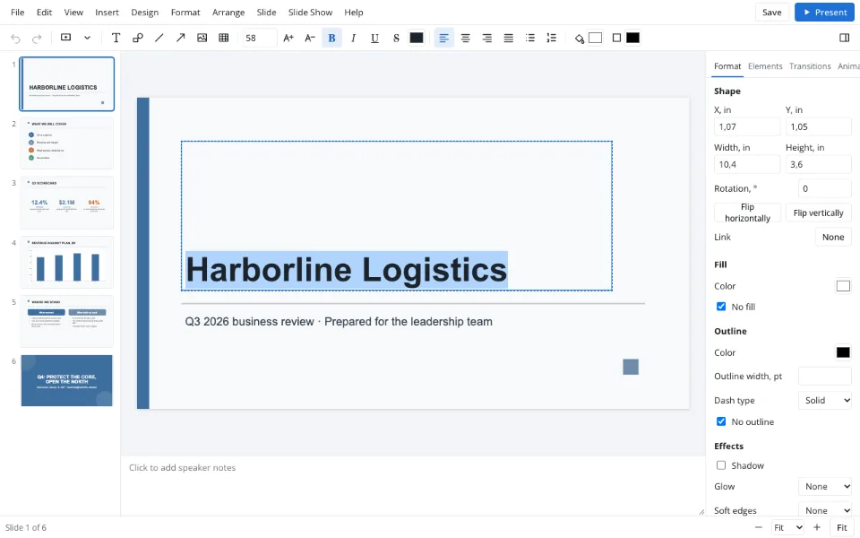 Editing a slide title in the browser