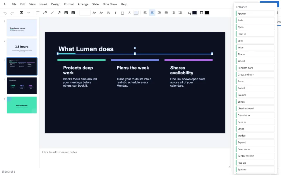 The list of animation effects