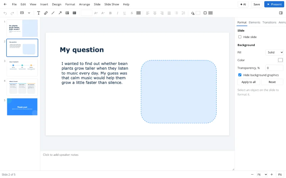 A slide with key points from a class project